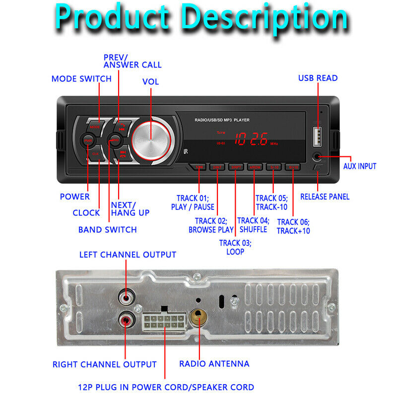 12V Universal Detachable Panel Car Bluetooth Radio FM USB MP3 Player RCA Output