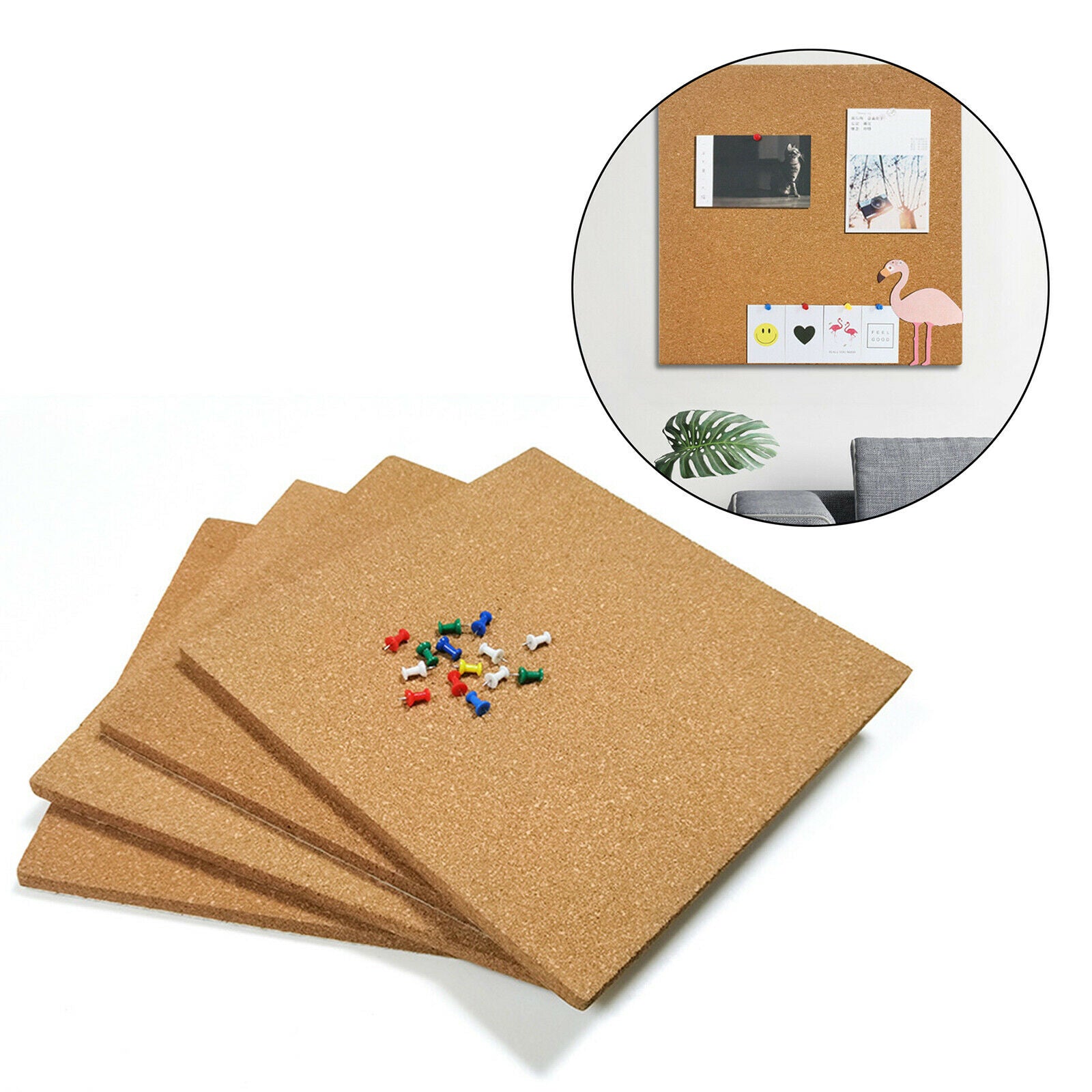 4Pcs Cork Board 12"x12" Adhesive Backing Home Office Memo Notice Pin Boards