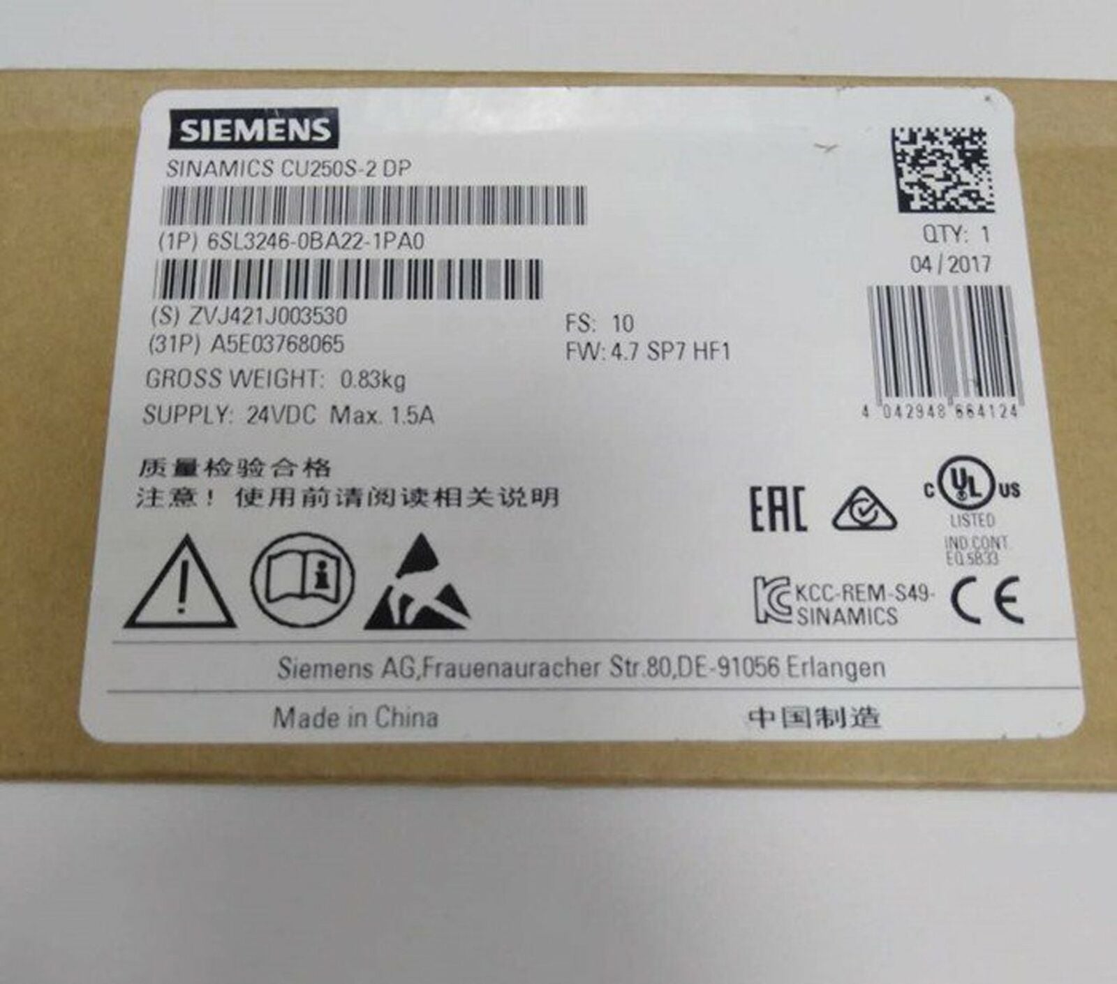1PC New Siemens Sinamics Control Unit 6SL3246-0BA22-1PA0 One year warranty