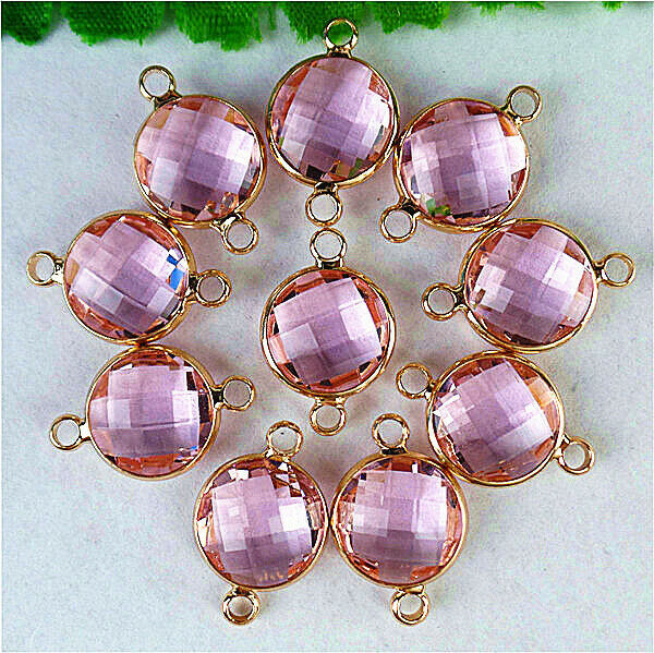50Pcs Faceted Wrapped Pink Titanium Crystal Round Connector Pendant Bead HH814