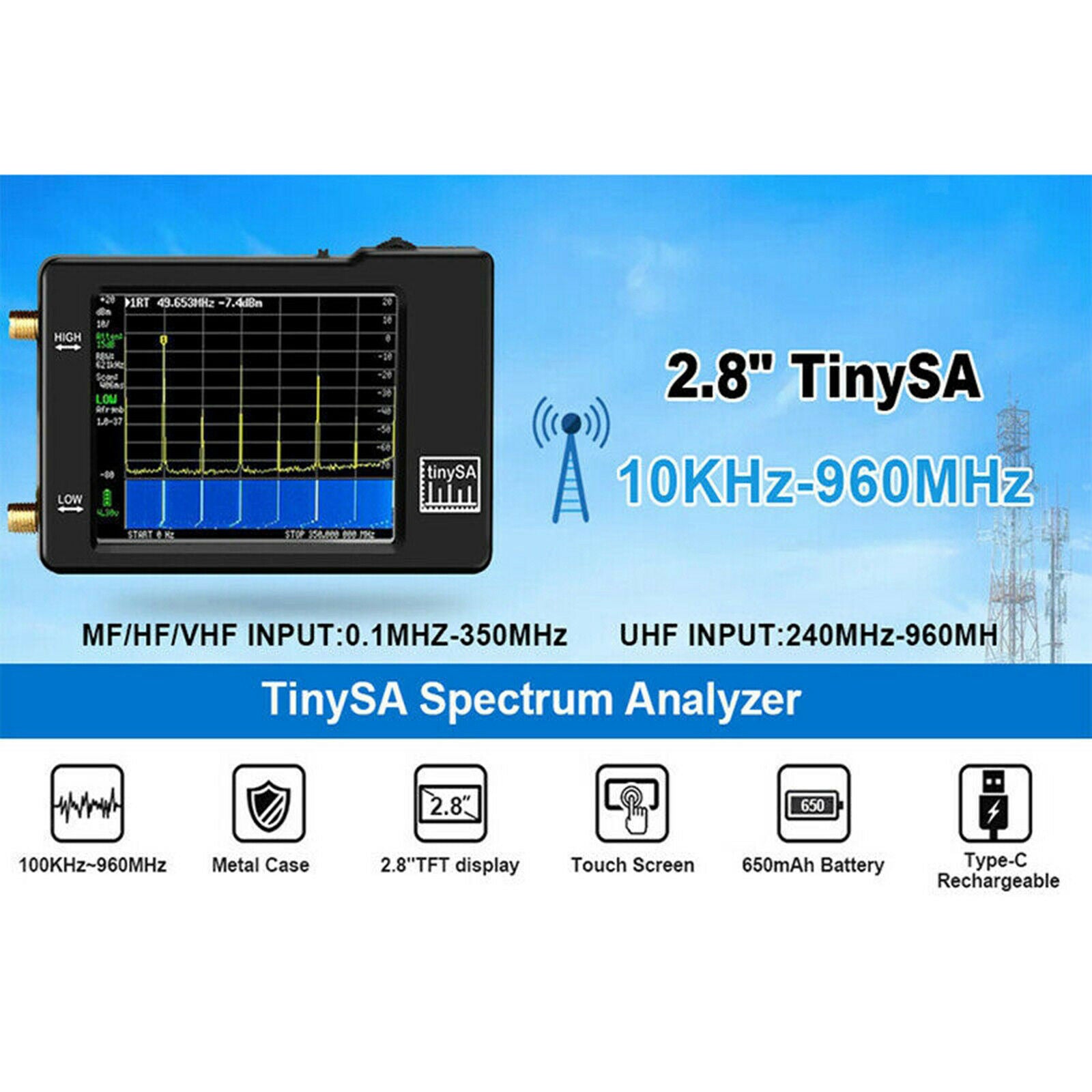Handheld Spectrum Analyzer 2.8" Touchscreen MF/HF/VHF UHF Input w/ Antenna