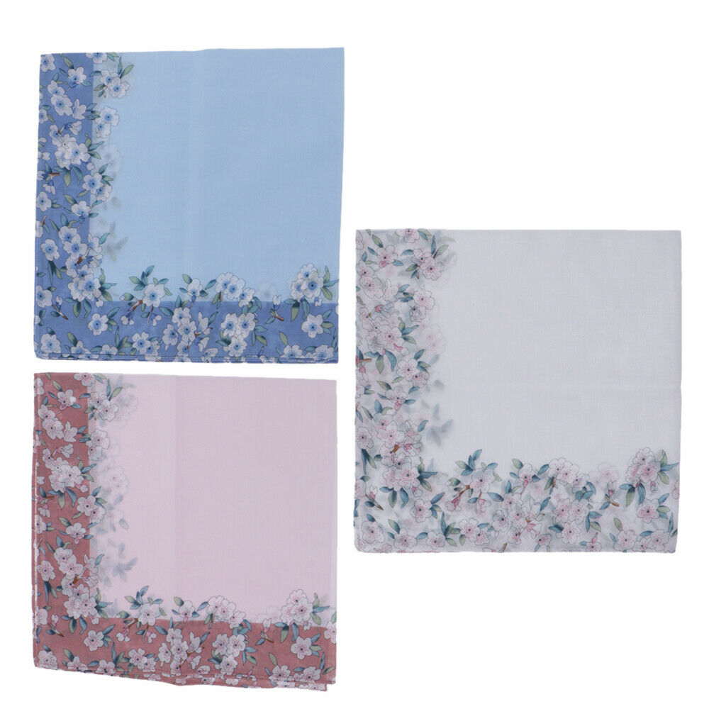 3pcs Women Cotton Handkerchiefs Flower Floral Hanky Kerchiefs Ladies Hankie