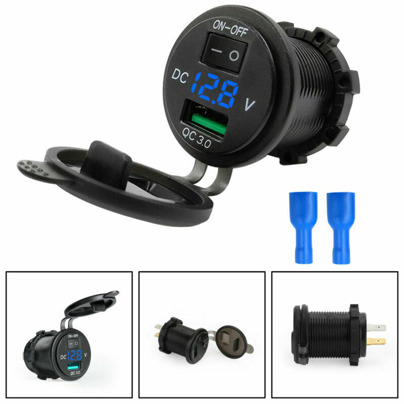 USB Charger QC On&Off Switch Outlet Fast 3.0 25W Socket Fit Motorcycle Car Blue