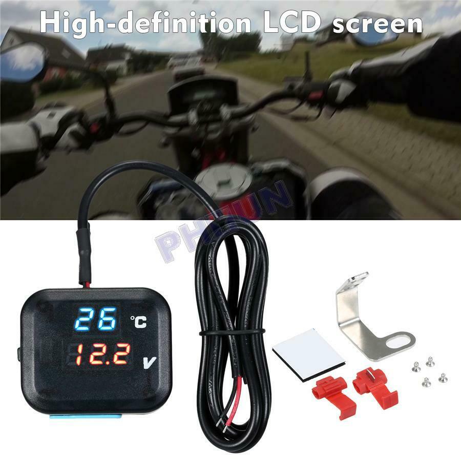 Motorcycle Thermometer Voltage Temp Gauge Blue Red Display w/ USB Phone Charger