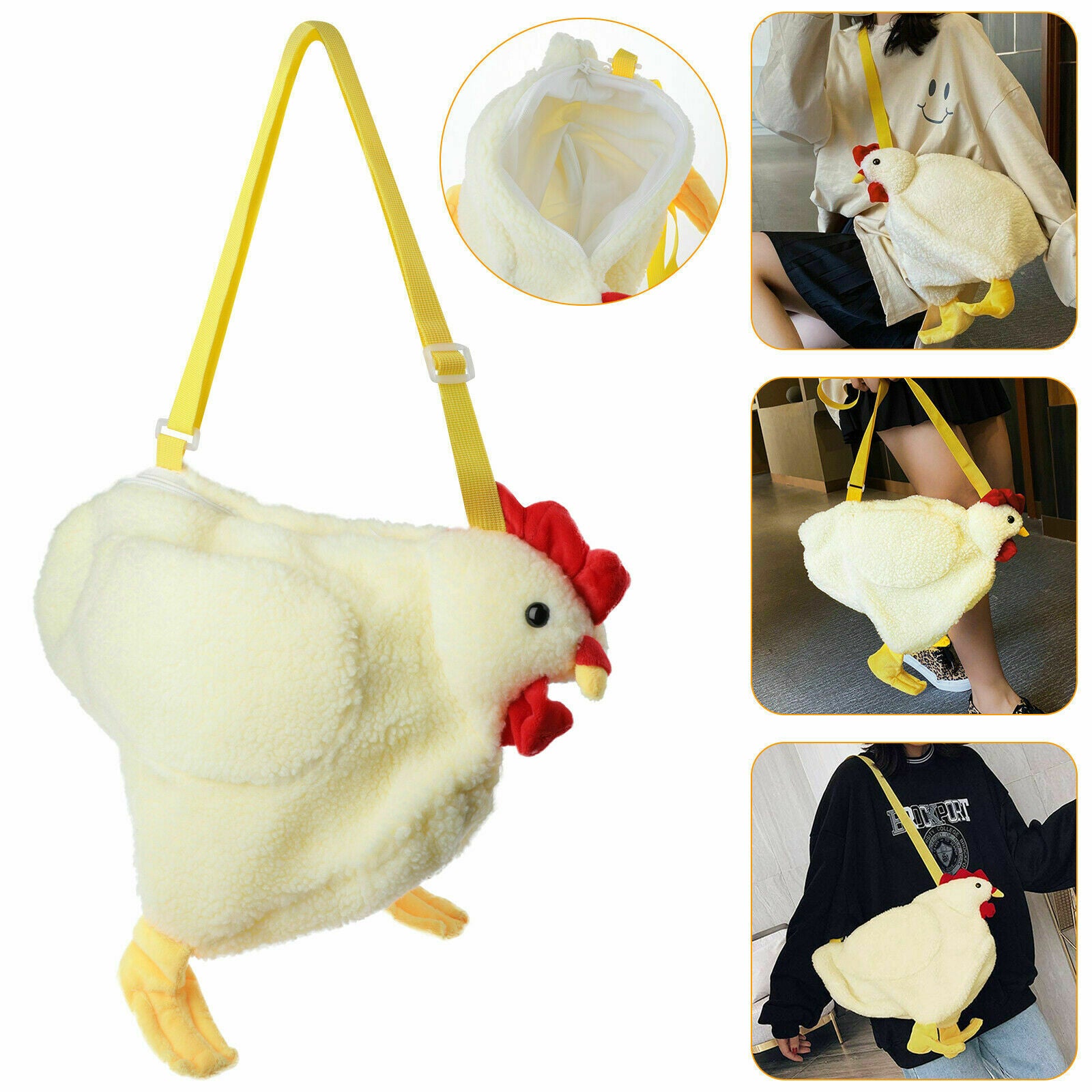 Women Faux Fur Tote Shoulder Bag Cartoon Chicken Plush Handbag Crossbody Pack