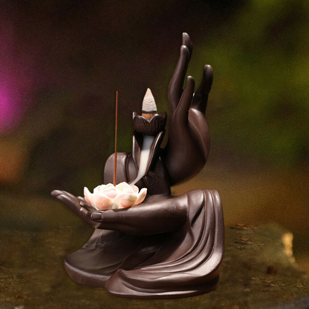 Ceramic Backflow Incense Burner Bergamot Hand Waterfall & 20 Cones Gift Decor @