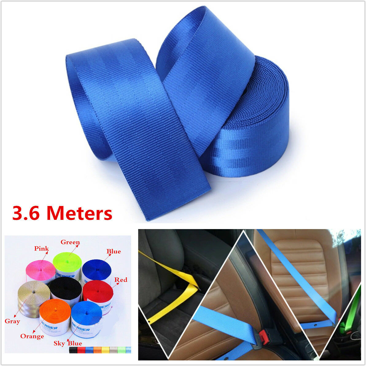 3.6M Blue Universal Racing Front 3 Point Safety Retractable Car Seat Lap Belt