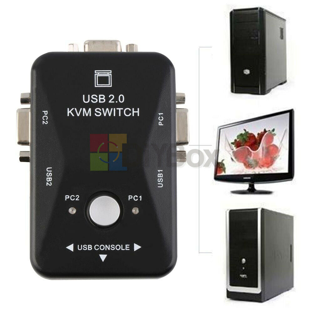 2 Port USB 2.0 VGA SVGA KVM Switch Box For Sharing Monitor Keyboard Mouse