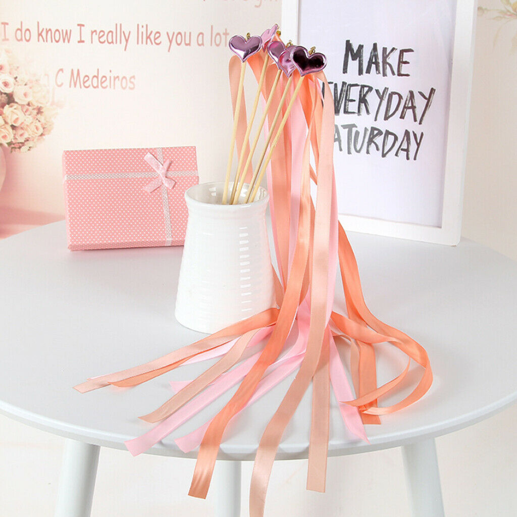 10 Pieces Wedding Twirling Stream Ribbon Sticks Wands with Heart Ribbon A5
