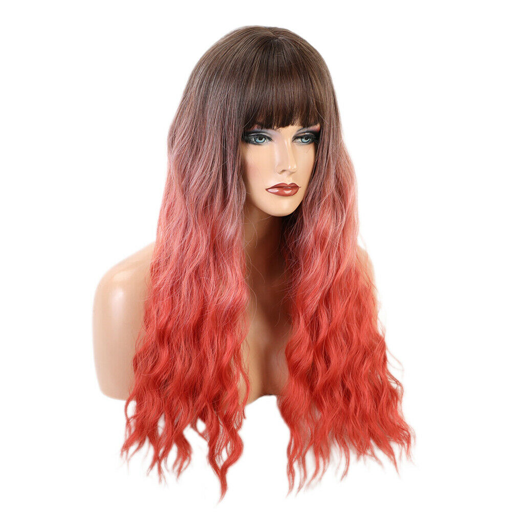 24" Brown Coral Ombre Synthetic Straight Bangs Long Wavy Curly Hair Wigs