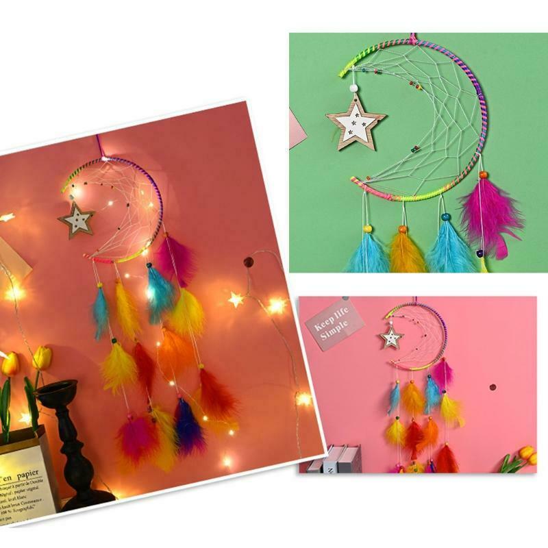 Colorful Feather Pendant Dream Catcher Moon Star Design Woven Wall Hanging Decor