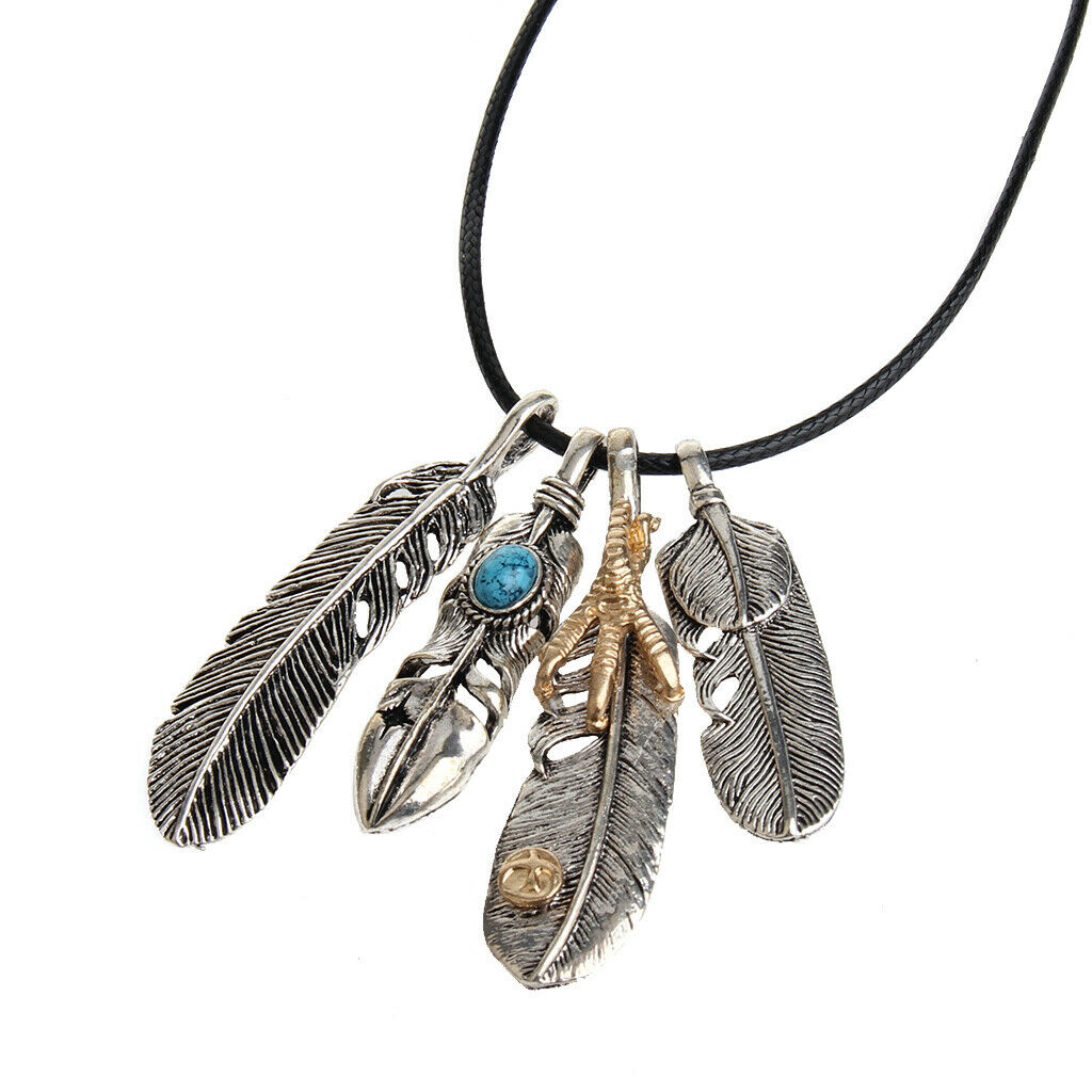 Metal Feather Pendant Unisex Necklace for Mens Womens Wax Braided Cord
