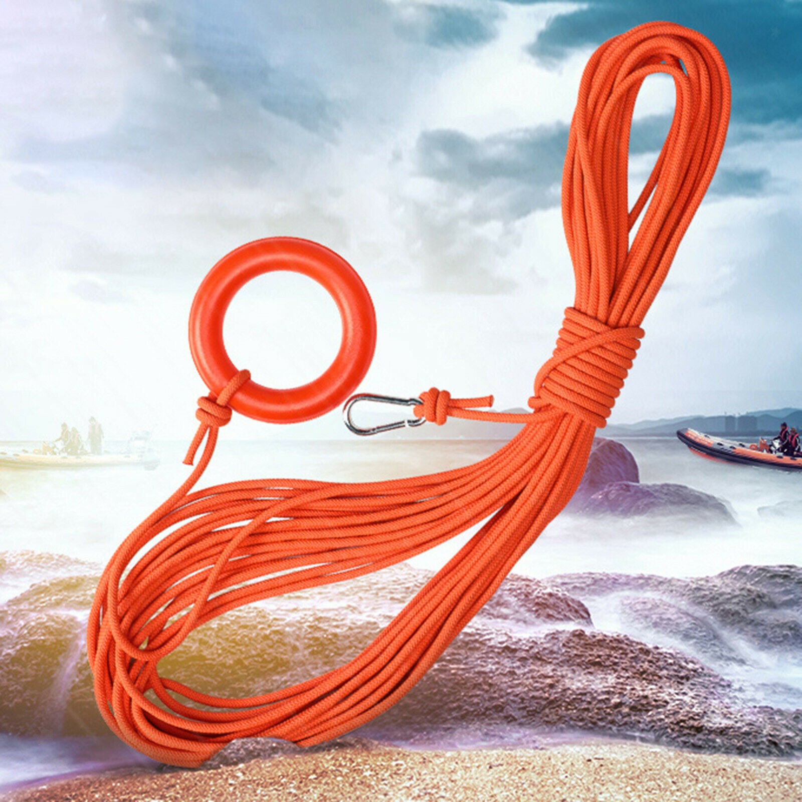 8mm x 20m Floating Water Life Saving Rope with Orange Bracelet Carabiner for