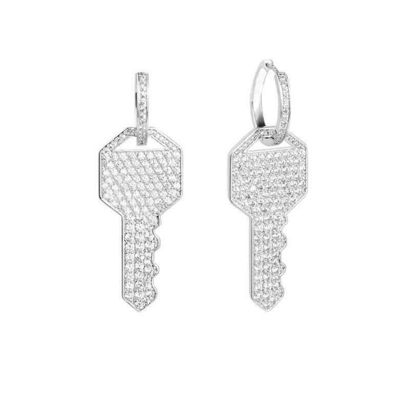 Shiny Full Rhinestone Crystal Key Charm Dangle  Hoop Earrings Women Girlfriend
