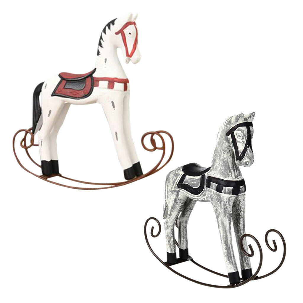 2x Nordic Wooden Rocking Horse Statue Wedding Decor Wood Horse Crafts DIY Bar