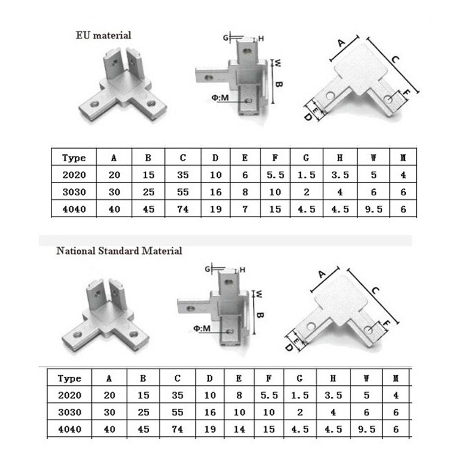 Aluminum T-Shaped 3-Way L-Shape 90 Â° Angle Inside EU 2020 Connector