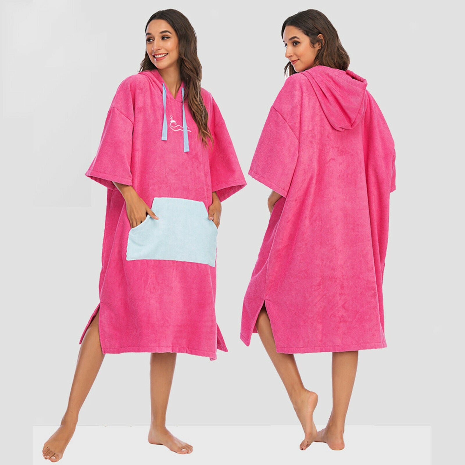 Surf Poncho Change Robe Thick Wetsuit Towel with Pocket for Surfing Rose Red