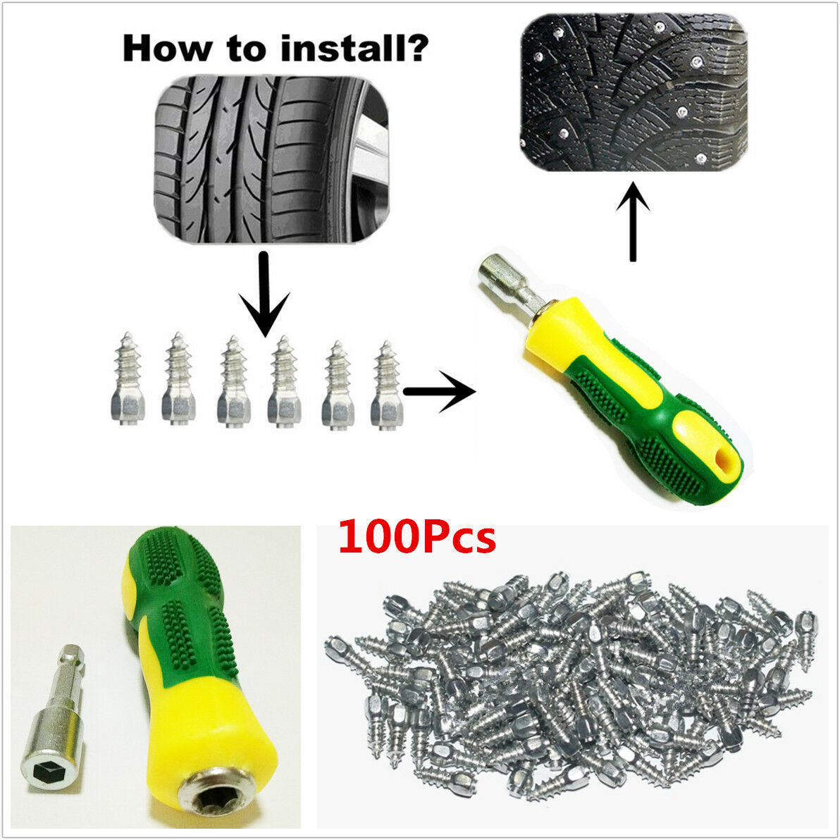 100x 15mm Screw in Tire Stud Snow Spikes Wheel Tyres Anti Slip Studs+Sleeve Tool