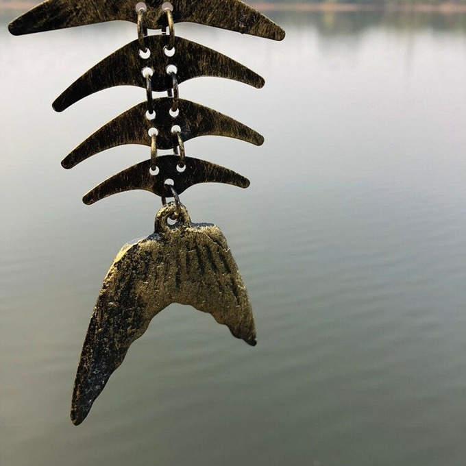 Metal Cast Iron Bronze Fish Bone Bell Wind Chime Home Garden Decor21'' /53cm