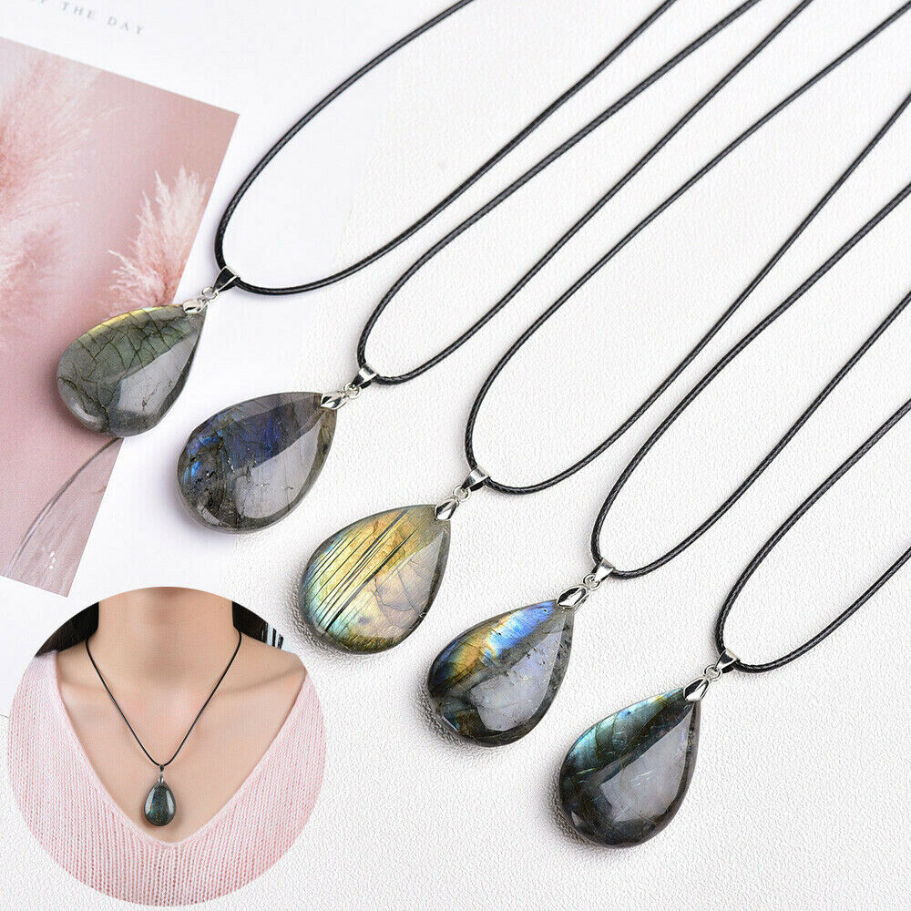 Energy Necklace Labradorite Natural Stone Water Drop Shaped Pendant Jewelry Gift