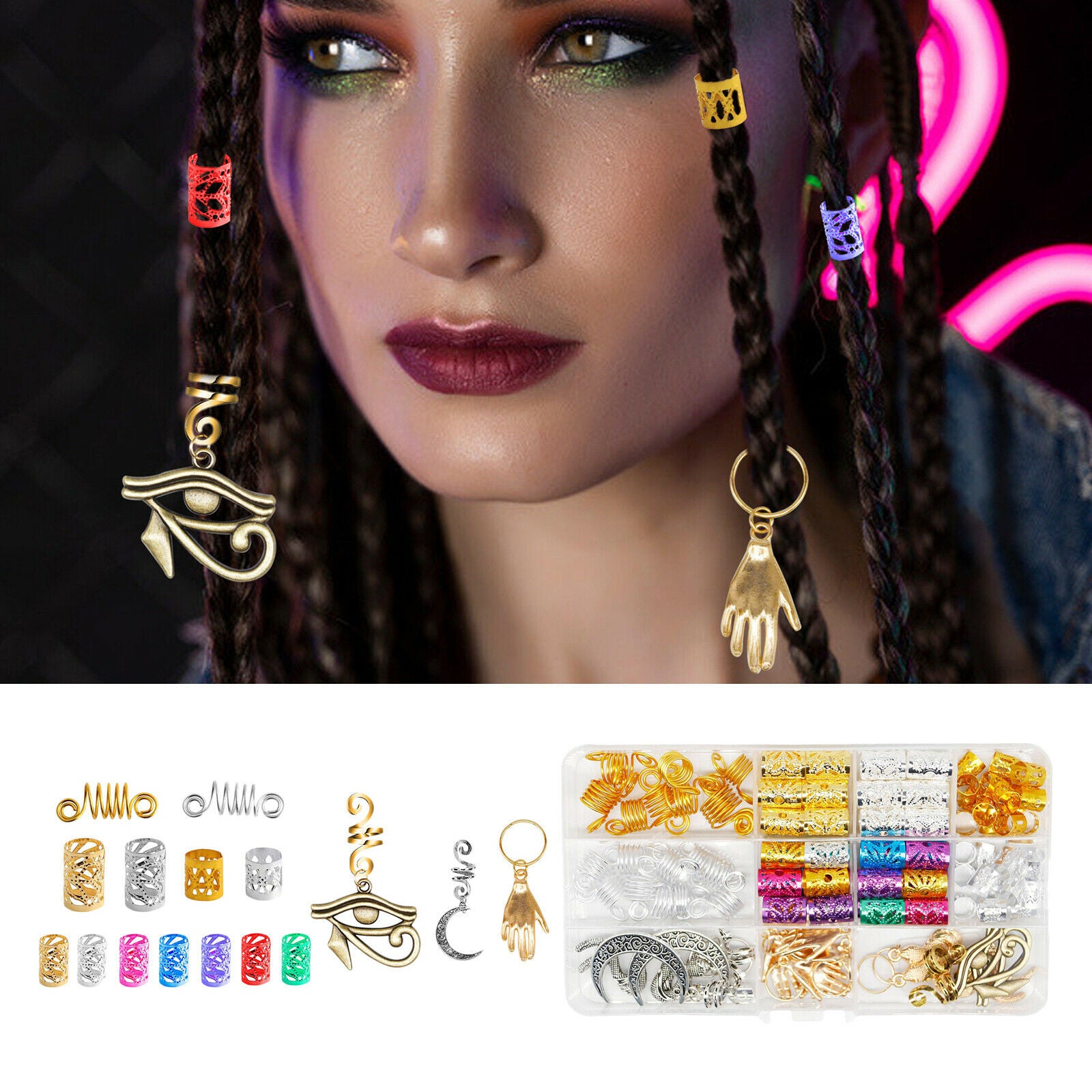 111Pcs Dreadlocks Beads Hair Braid Cuff Rings Tubes Jewelry Braid Bead
