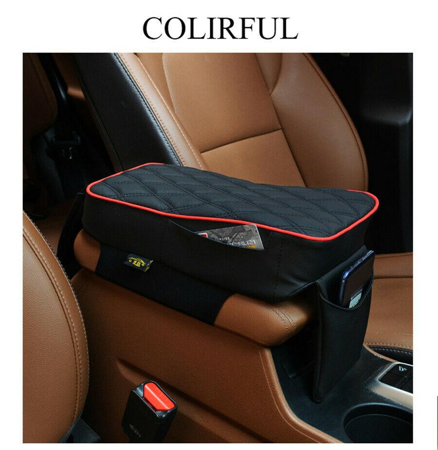 Car Armrest Cushion Box Mat Armrest Console With Phone Holder Storage Bag Black