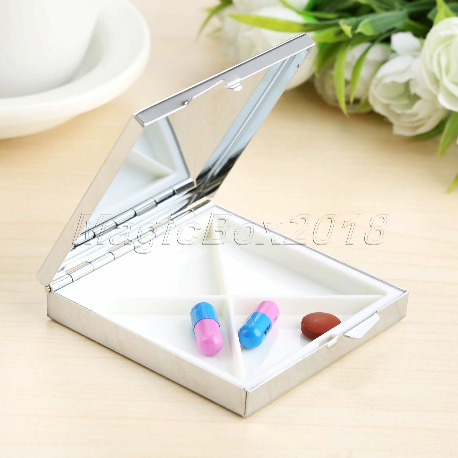 Rectangle Metal Pill Box Container Medicine Vitamin Capsule Organizer Case 4Grid