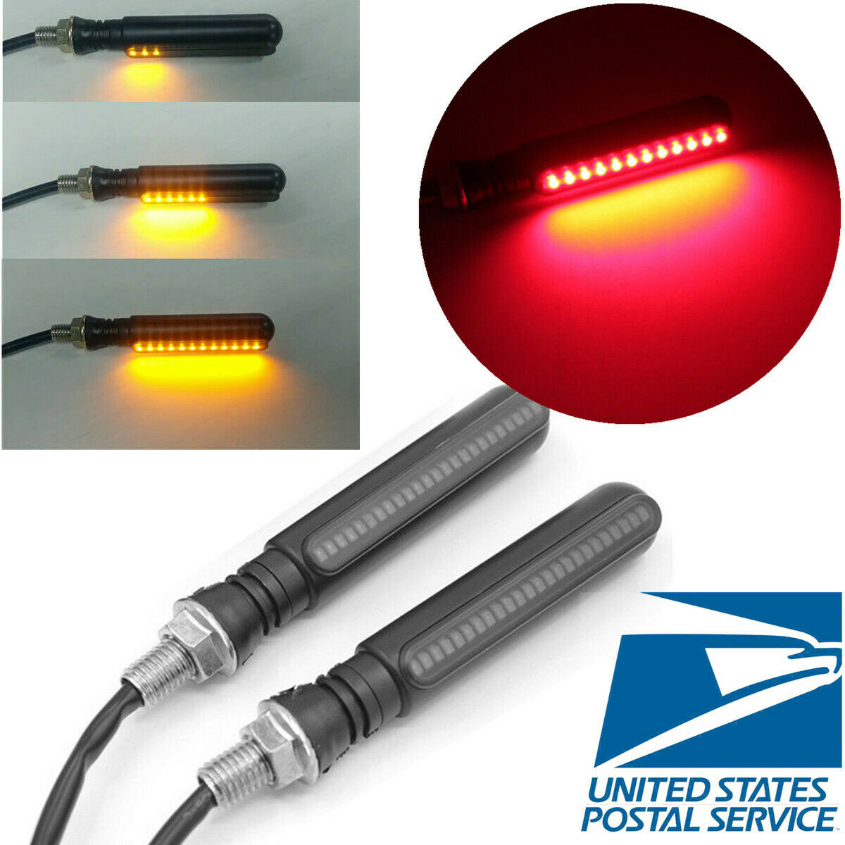 2Pcs Motorcycle LED Red Strobe Brake Tail Light Yellow Flowing Turn Signal Light