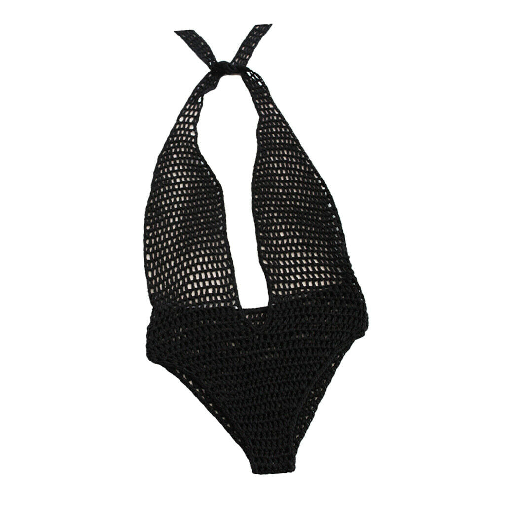 Women Black Crochet Knit Beach Bikini Monokini Halter Deep V-neck Swimwear L