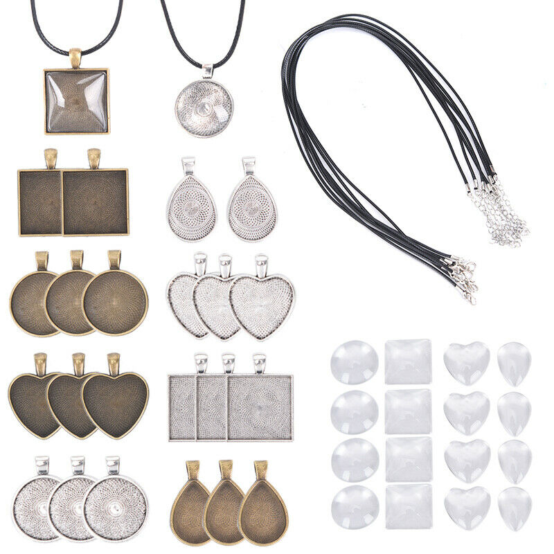 60pcs Pendant Trays Bright Glass Cabochon Necklace Cord for Photo Pendant DIY Fx