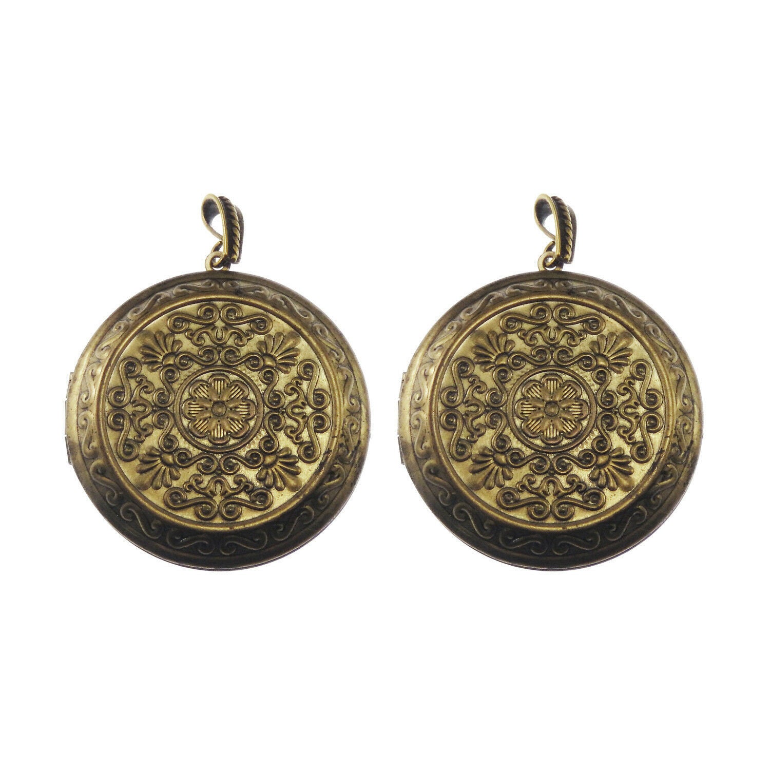 2 pcs Flower Pattern Round Locket Antiqued Bronze Brass Pendant Findings 44mm
