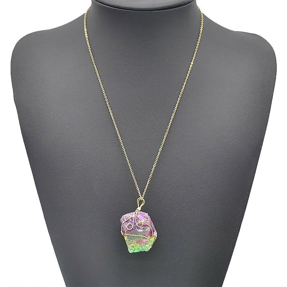 Rock Chakra Natural Crystal Necklace Irregular Rainbow Stone Pendant Jewelry AU