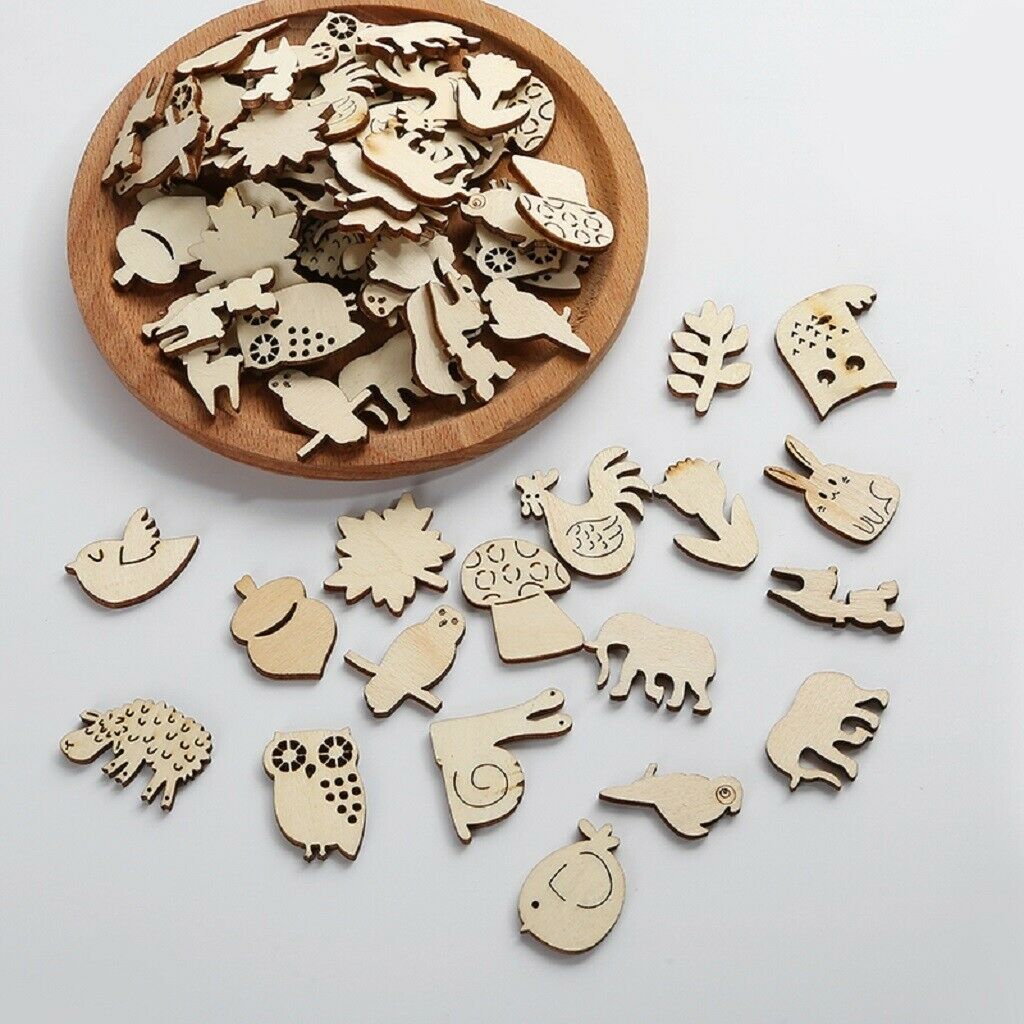 50 Pack Natural Wooden Embellishment Mixed Animals Wood Shapes Craft Pieces for