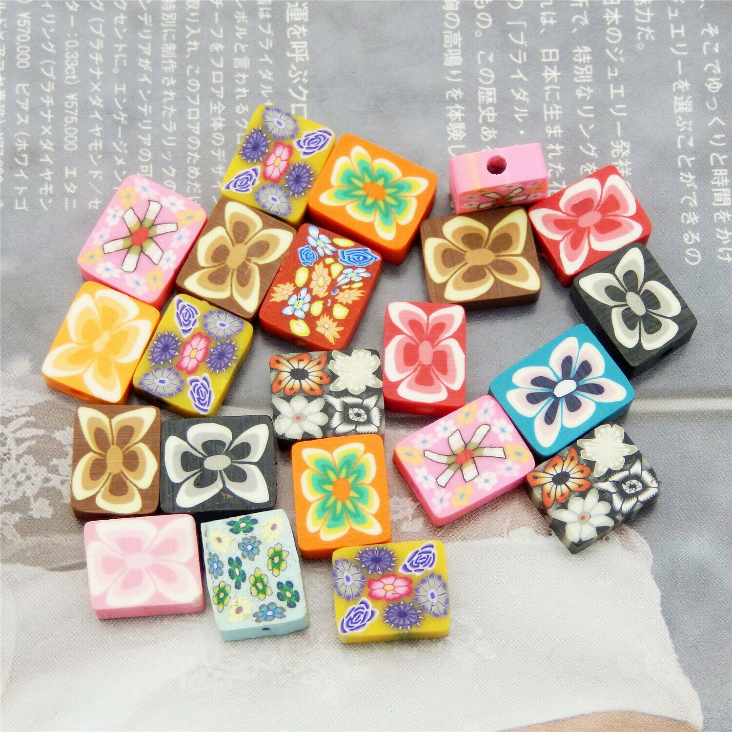 40 Assorted Floral Rectangle Polymer Clay Bead Bracelet Jewelry Crafting 12X10mm