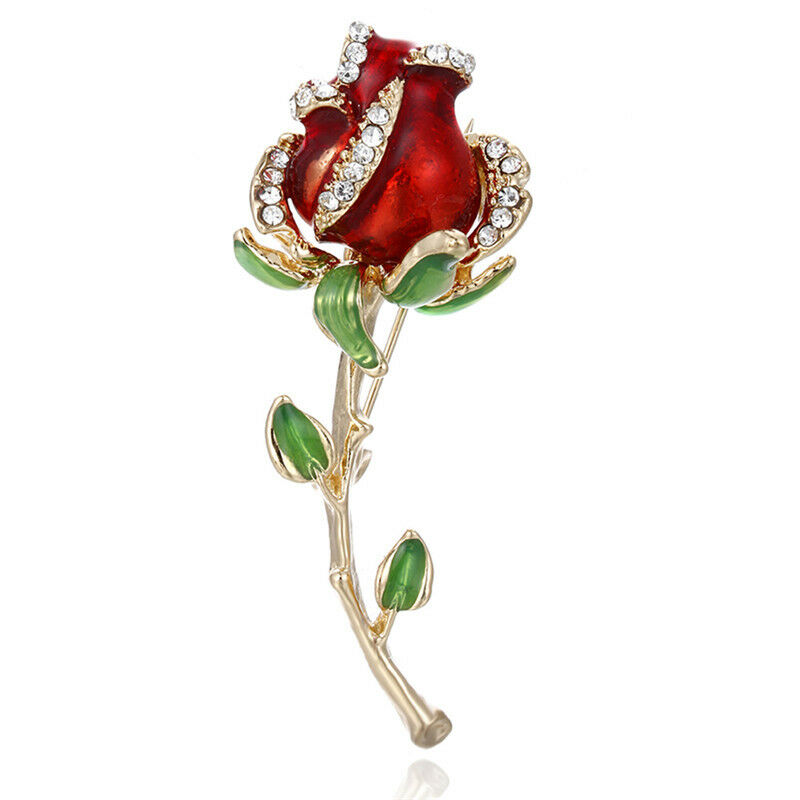 Rhinestone Enamel Red Rose BroochPin Flower Bouquet Brooch Wedding BridalGift Qx