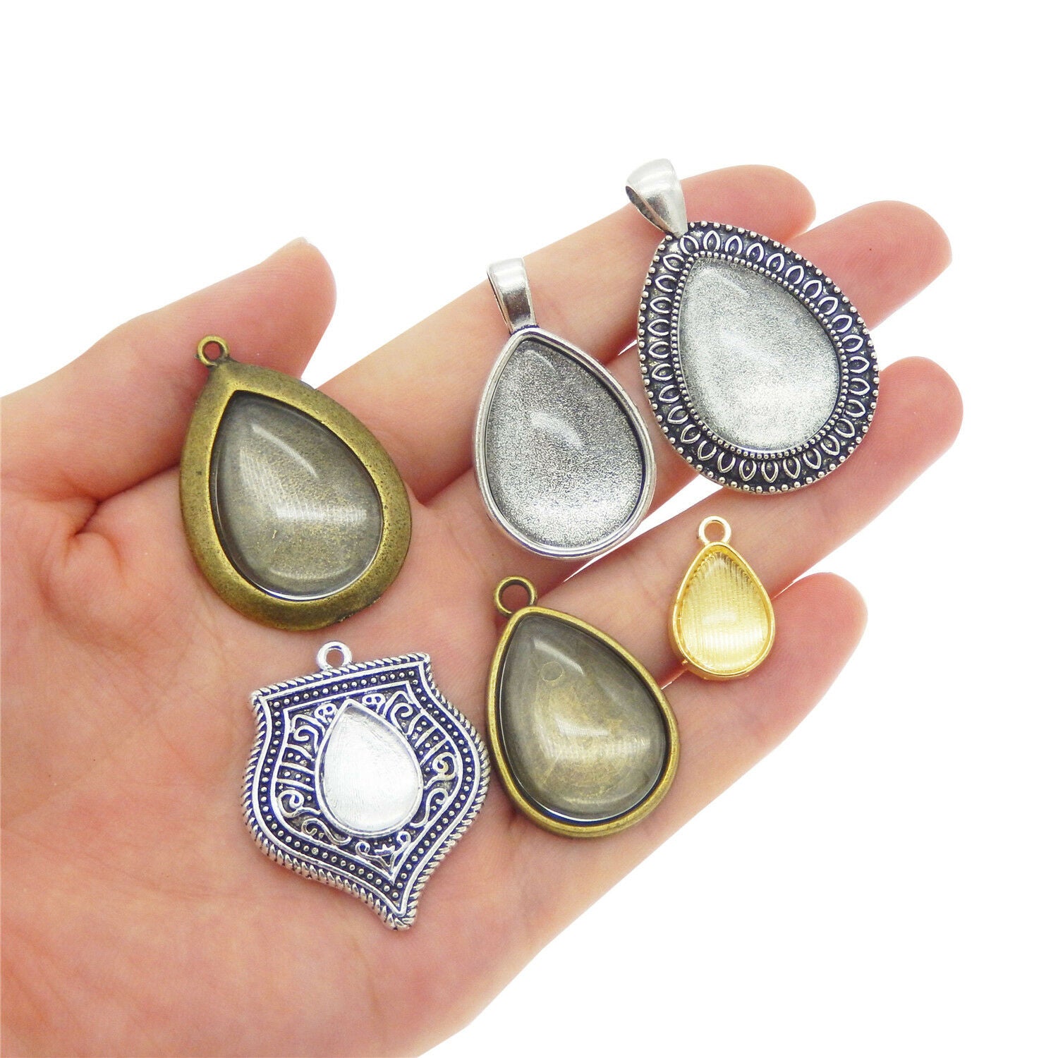 5 Mix Metal Base Settings with Glass Cabochons Teardrop Pendant DIY Photo Frame