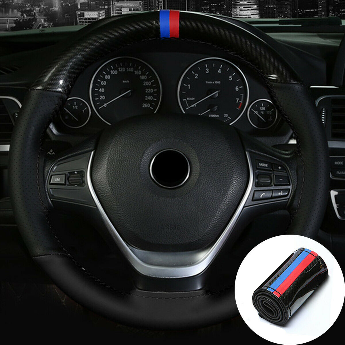 Glossy Carbon Fiber&Black Car Steering Wheel Cover Trim For 38cm Diameter Models