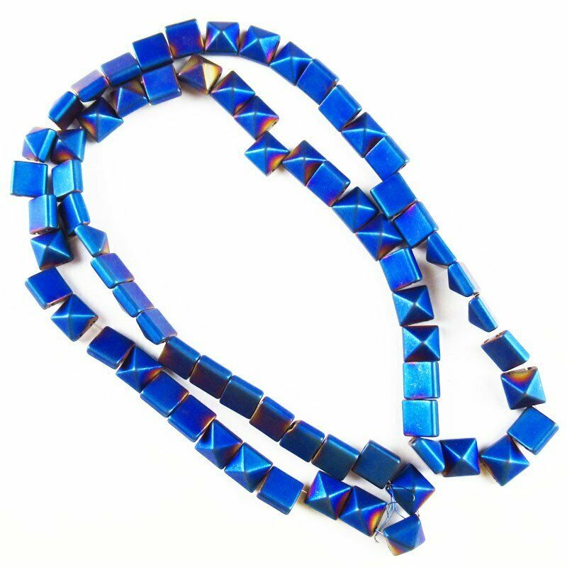 6x6x4mm Blue Frosted Hematite Pyramid Pendant Loose Bead 15.5 inch A-392TS