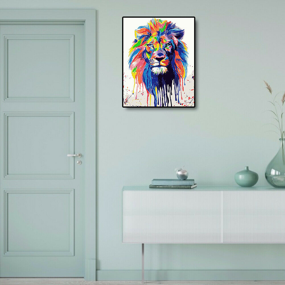 Painting By Numbers Kit Frameless DIY Hand Painted Colorful Lion Oil Canvas @