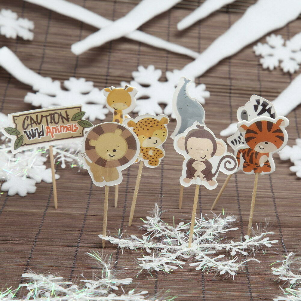24pcs Cake Dessert Inserted Card with Zoo Animal Elephant Lion Pattern @