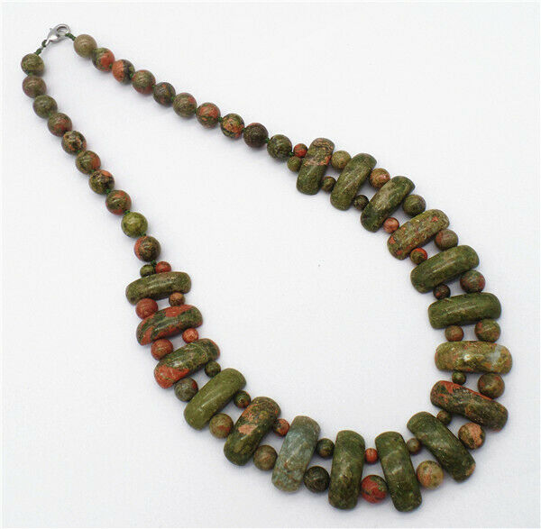 1 Strand Natural Green Unakite Jasper Handmade Rectangle Beads Necklace HH7350