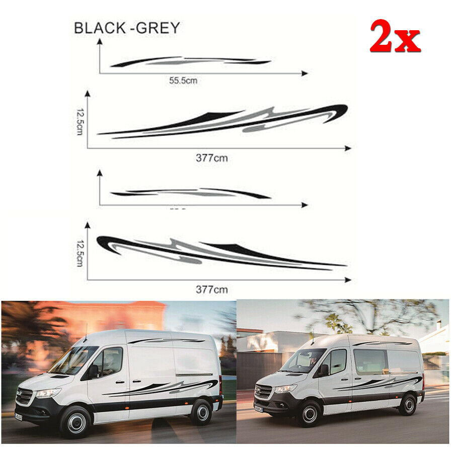 Pair Black+Gray PVC Car RV Side Body Decals Long Stripes Stickers Waterproof DIY