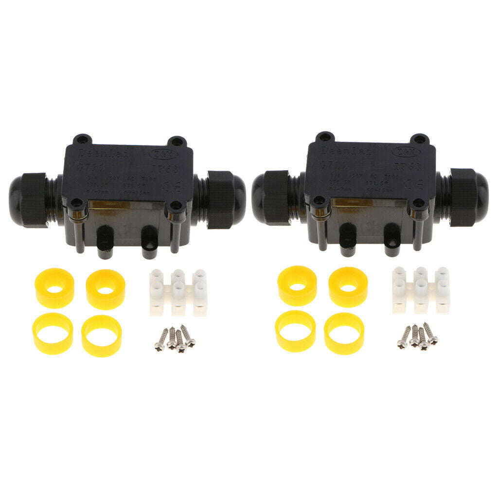 2Set Waterproof IP68 Cable Wire Connector Electrical 2Way Junction Box Black