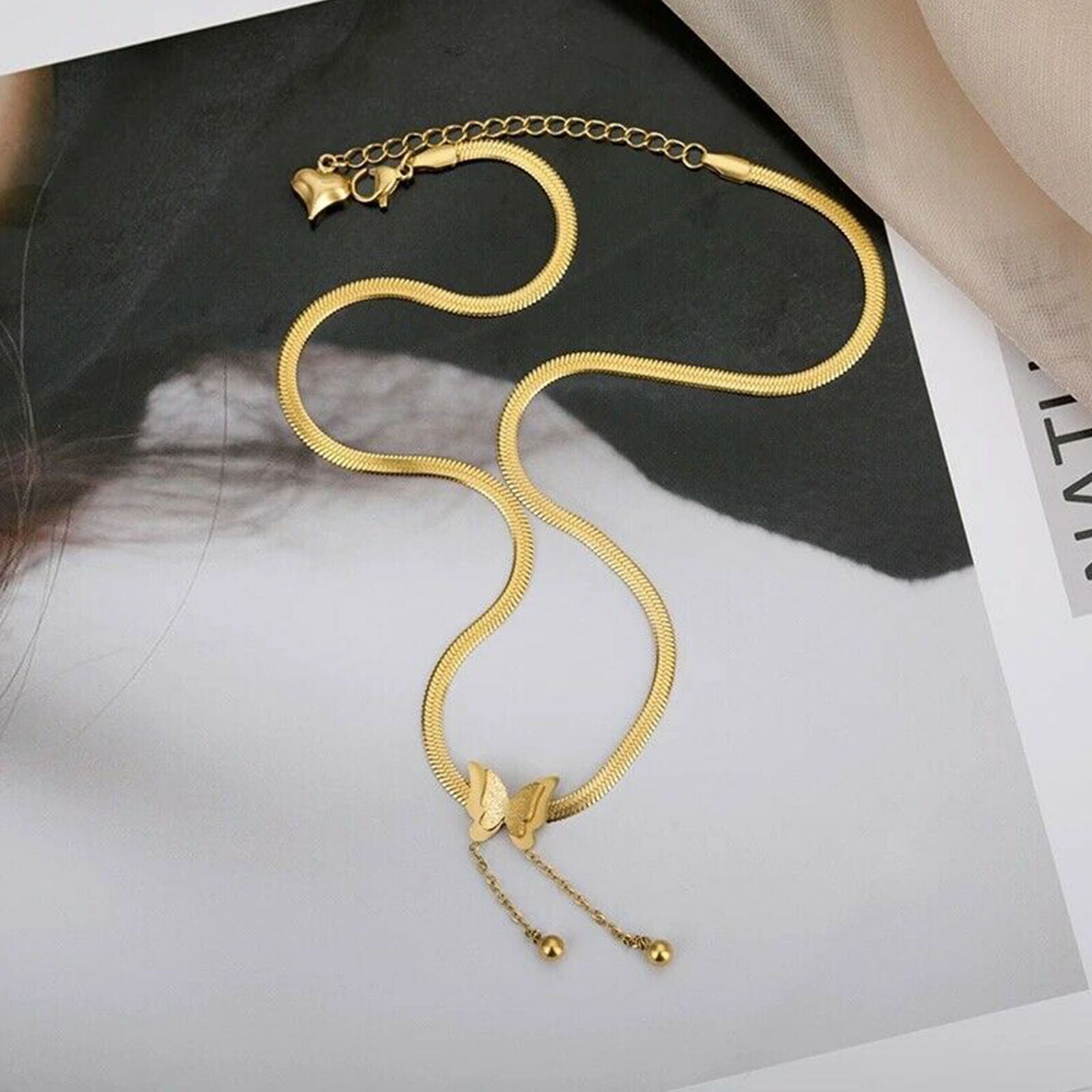 Women Butterfly Pendant Choker Adjustable Chain Charm Stainless Steel Necklace