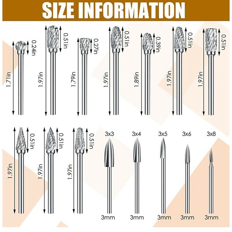 15 Pieces Wood Carving and Engraving Drill Bit Double Cut Carbide Rotary Burr L8