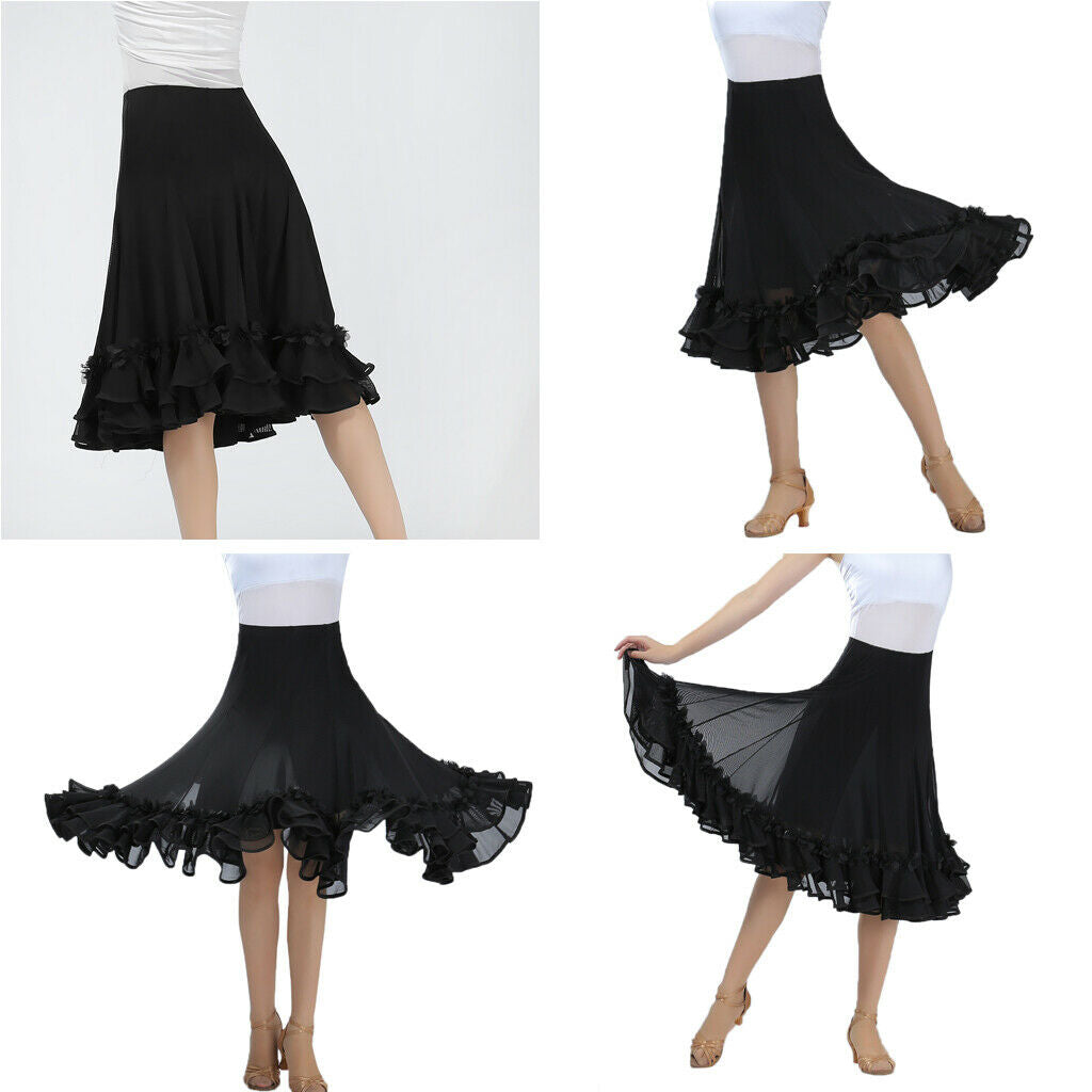 Flamenco Ballroom Waltz Dance Big Swing Skirt Tulle Modern Costume Black