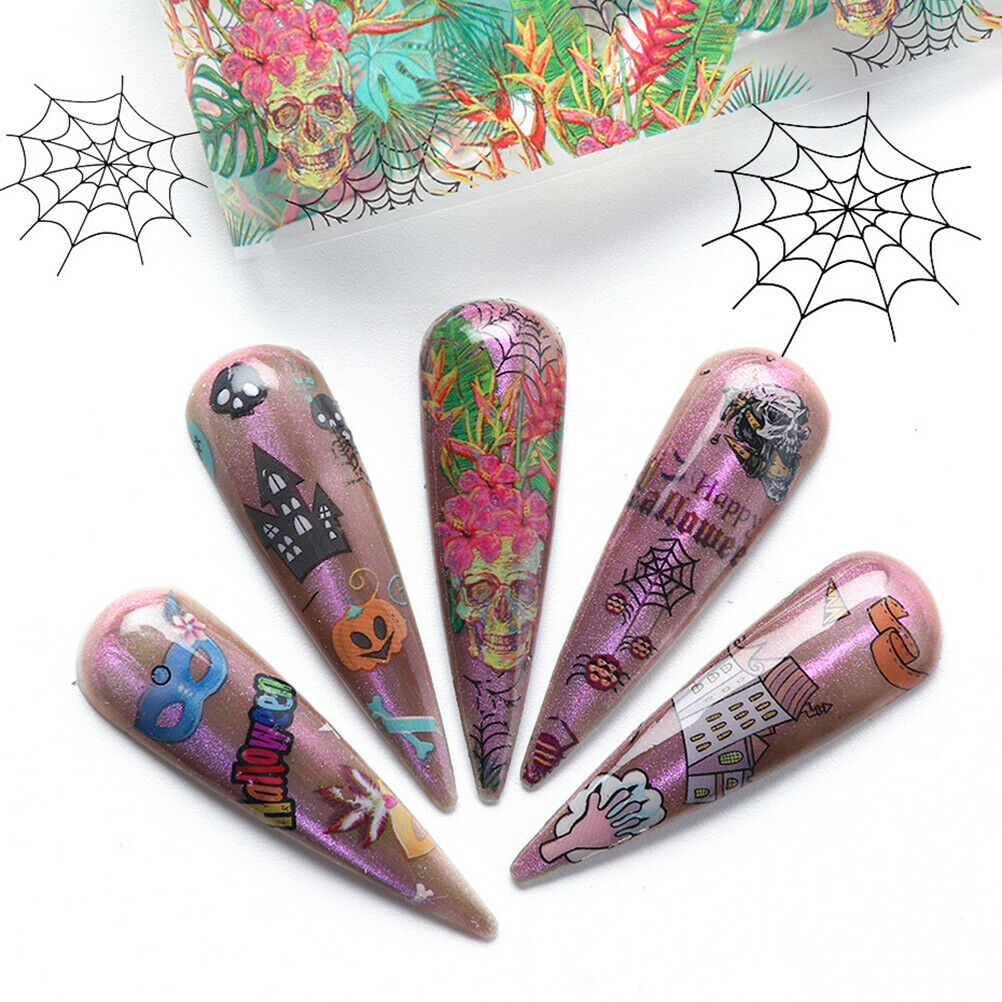 10Pcs Halloween Nail Stickers Pumpkin Skeleton Nail Art Stickers Tip Foil Decals