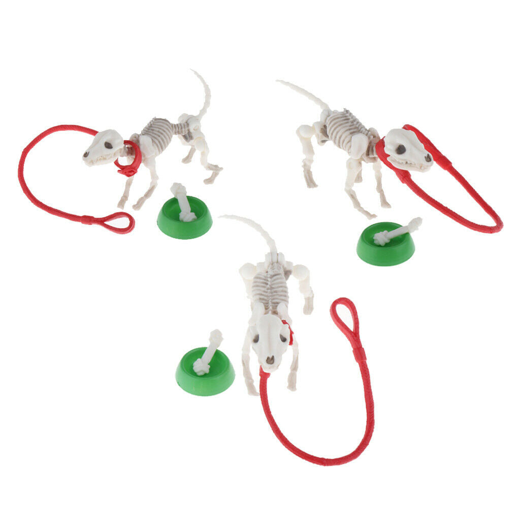 3x Mini Skeleton Dog Child Pretend Toys Party Bags Filler w/ Bowl Bone