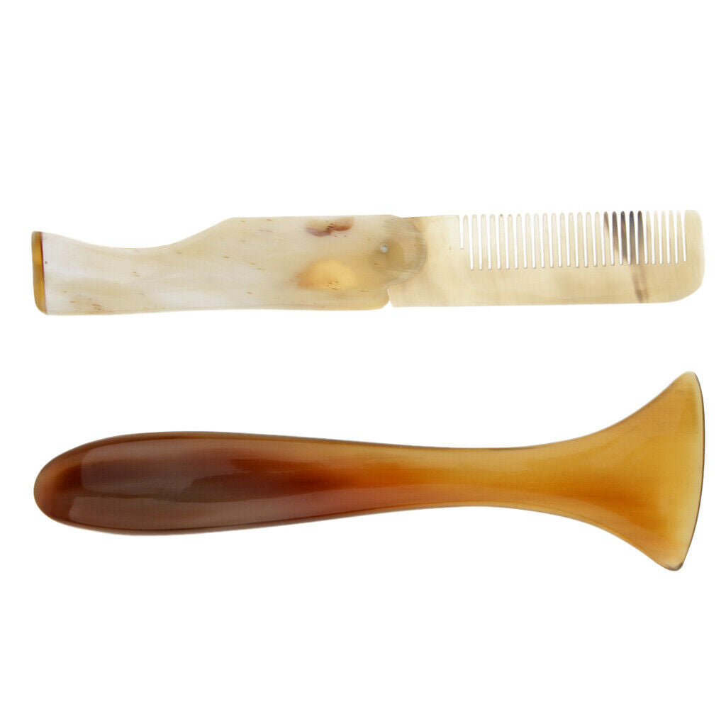 Unique Natural Horn Folding Massage Comb + Pocket Travel Face Massage Stick