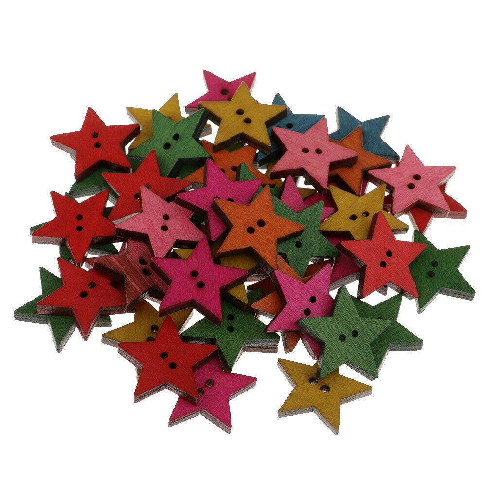 50pcs 2 Holes Mix Star Shape Wooden Craft Wood Sewing Buttons Decor Clothing